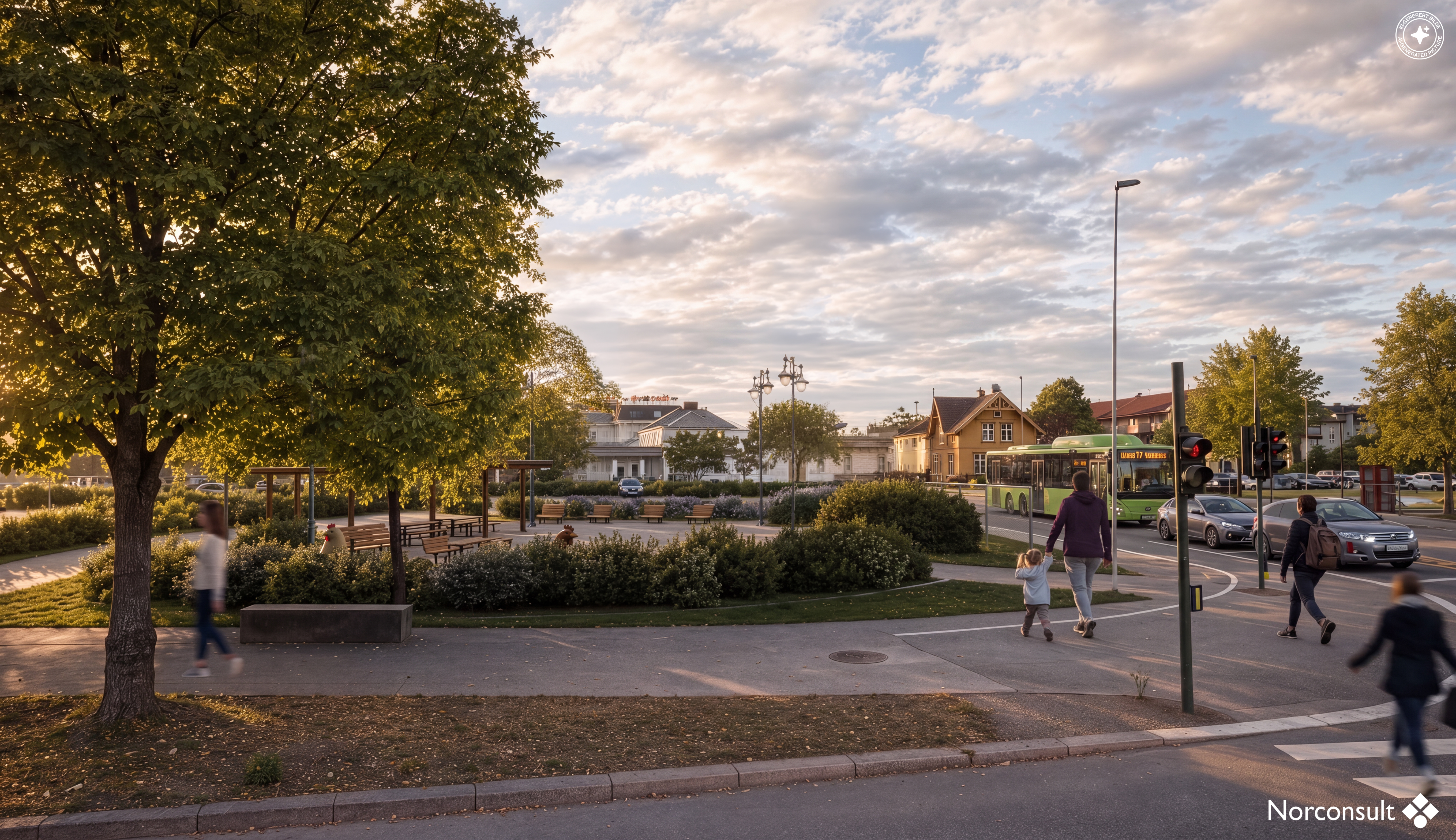 Bildet er en illustrasjon over hvordan parken kan bli. Den viser mennesker som g&aring;r i en park med benker og 