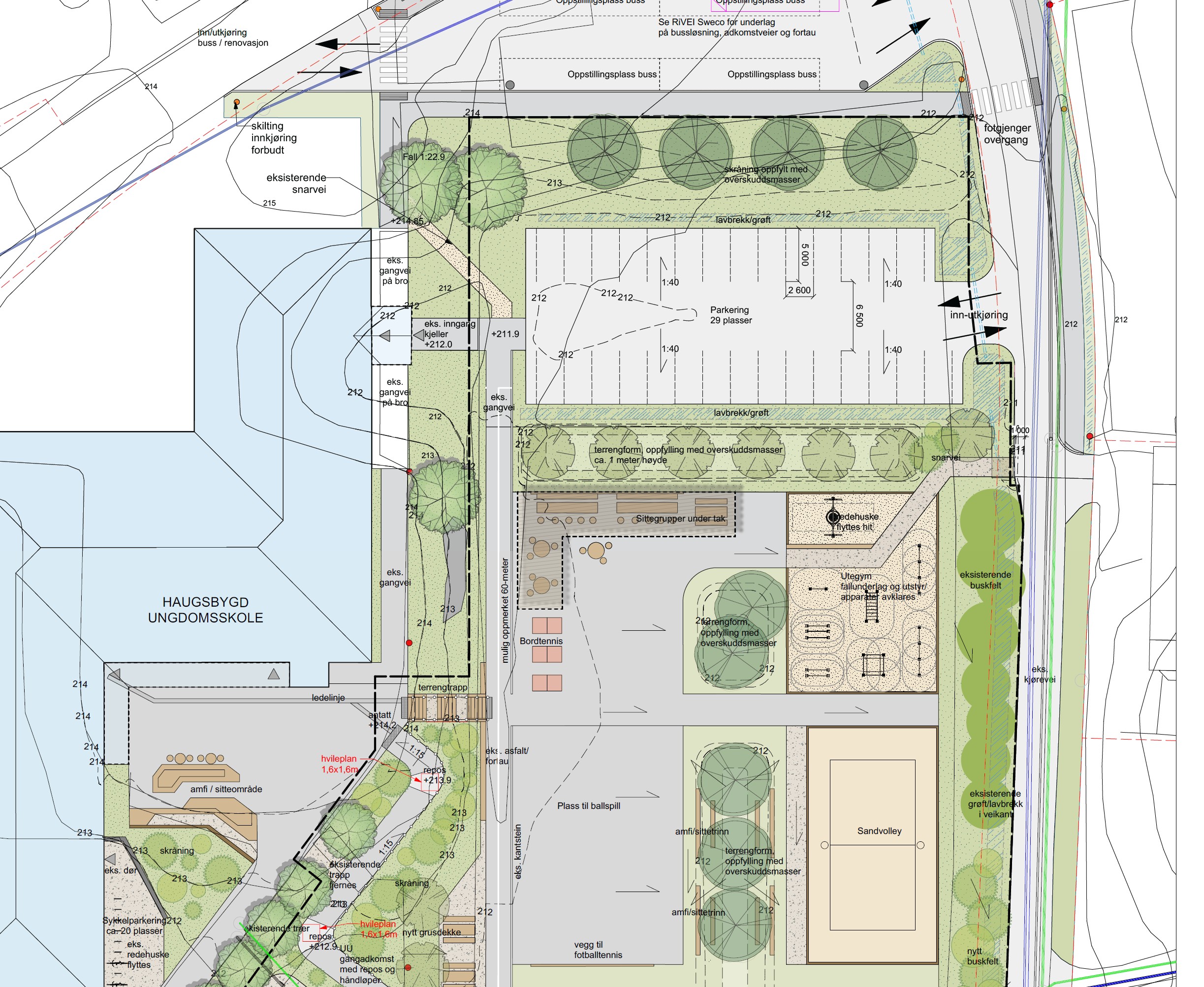Bildet er en illustrasjon av hvordan uteområdet vil bli med ny bussløsning, beplantning og parkering