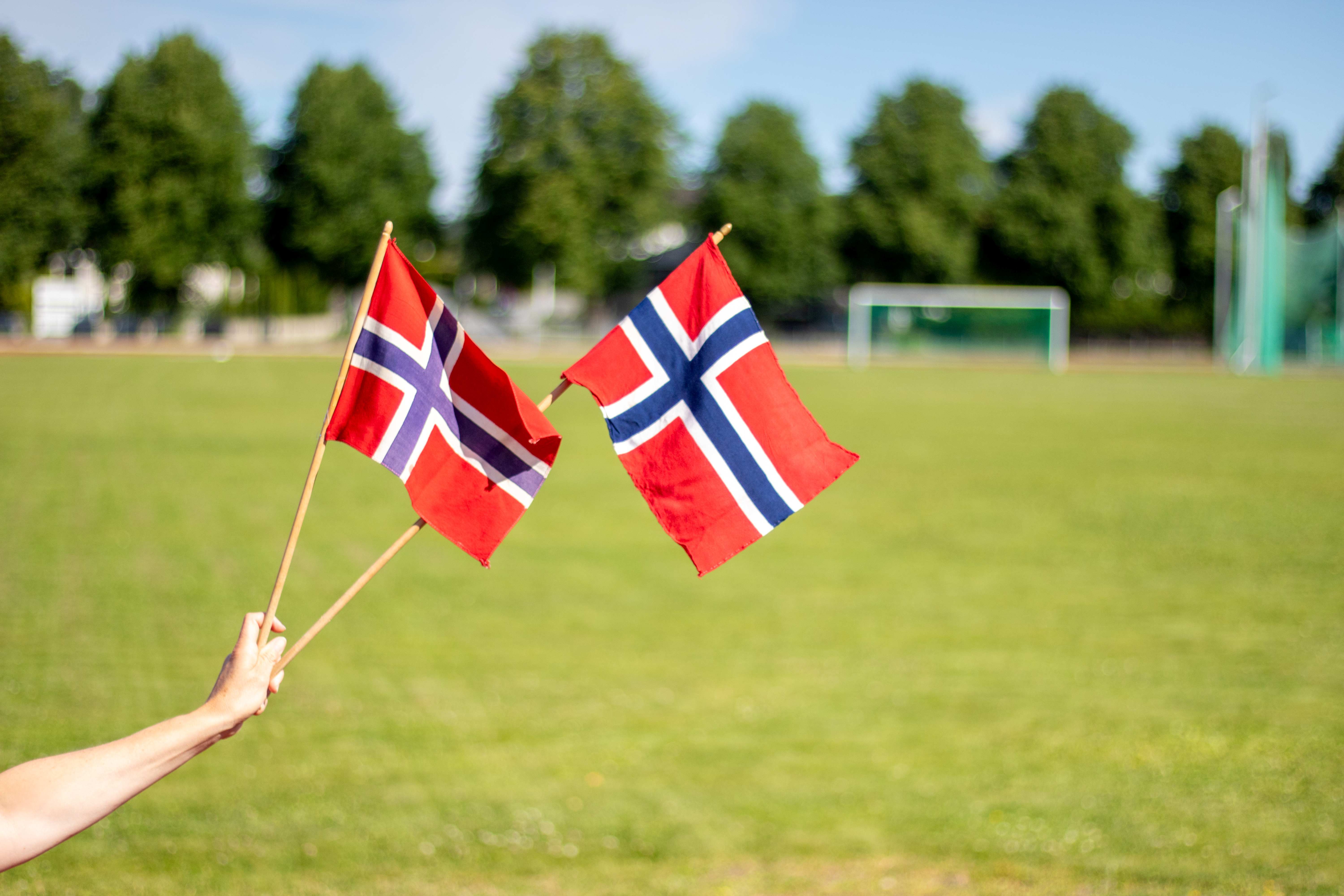 Bildet viser to norske flagg ved en gressmatte.