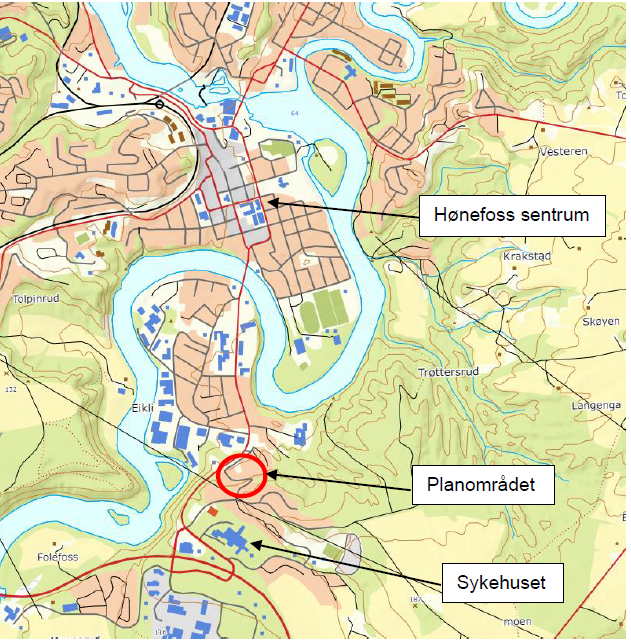 Planområdet er markert med rød sirkel.