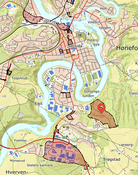 Planområdet er markert med rød markør.